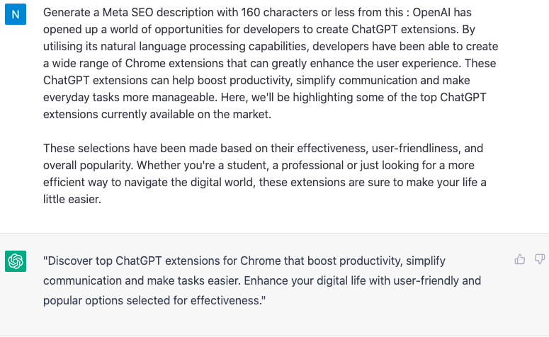 Generate a Meta Seo description with 160 characters or less with ChatGPT for SEO